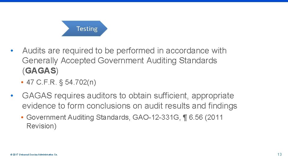 Testing • Audits are required to be performed in accordance with Generally Accepted Government