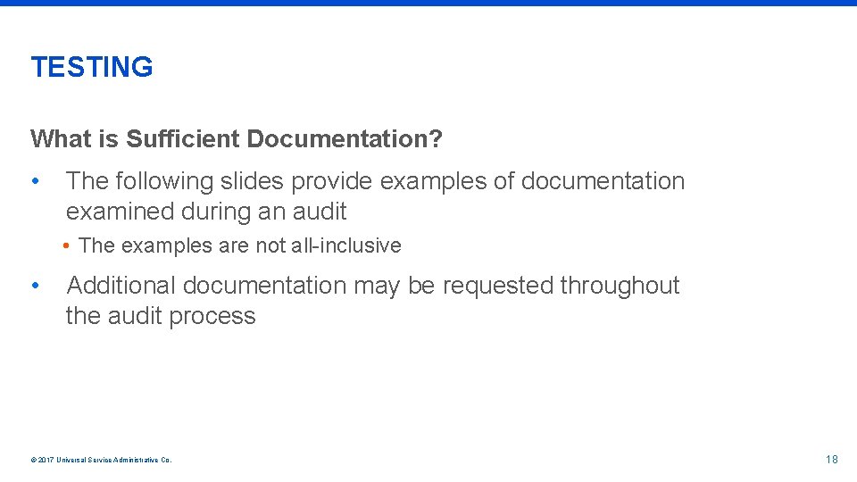 TESTING What is Sufficient Documentation? • The following slides provide examples of documentation examined
