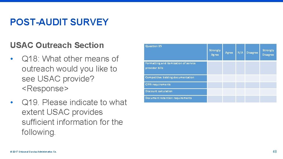 POST-AUDIT SURVEY USAC Outreach Section • • Q 18: What other means of outreach