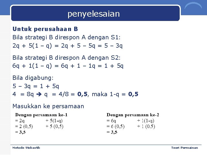 penyelesaian Untuk perusahaan B Bila strategi B direspon A dengan S 1: 2 q