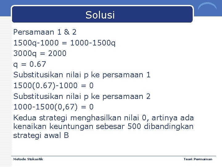 Solusi Persamaan 1 & 2 1500 q-1000 = 1000 -1500 q 3000 q =