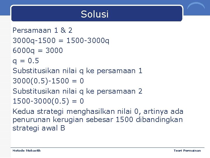 Solusi Persamaan 1 & 2 3000 q-1500 = 1500 -3000 q 6000 q =