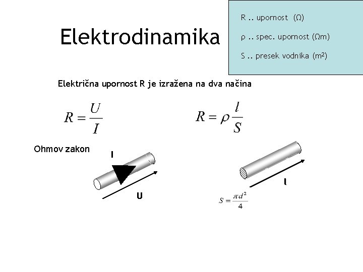 R. . upornost (Ω) Elektrodinamika ρ. . spec. upornost (Ωm) S. . presek vodnika
