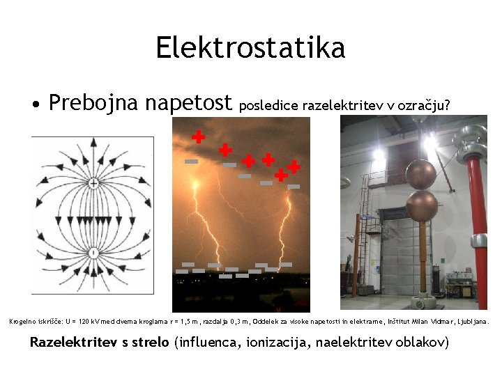 Elektrostatika • Prebojna napetost posledice razelektritev v ozračju? Krogelno iskrišče: U = 120 k.