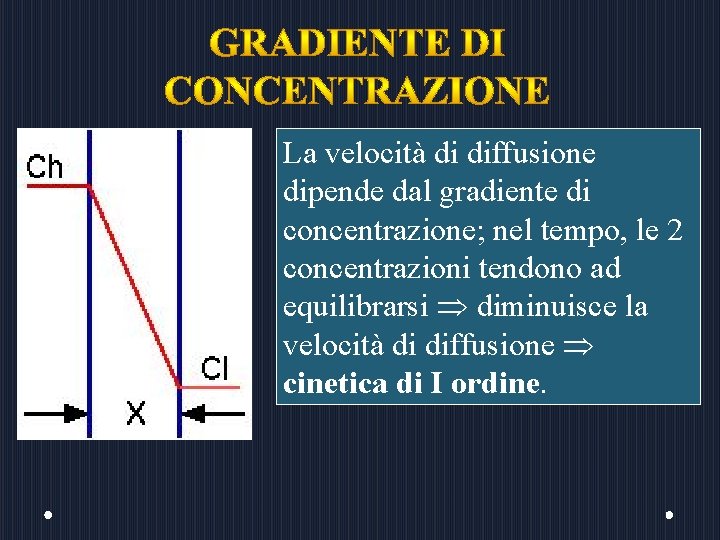 La velocità di diffusione dipende dal gradiente di concentrazione; nel tempo, le 2 concentrazioni