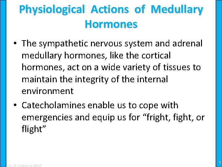 Physiological Actions of Medullary Hormones • The sympathetic nervous system and adrenal medullary hormones,