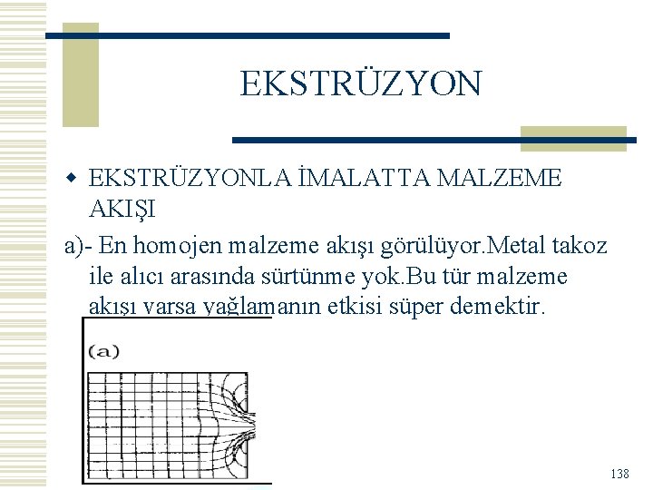 EKSTRÜZYON w EKSTRÜZYONLA İMALATTA MALZEME AKIŞI a)- En homojen malzeme akışı görülüyor. Metal takoz