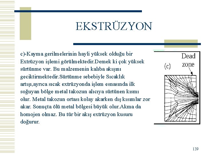 EKSTRÜZYON c)-Kayma gerilmelerinin hayli yüksek olduğu bir Extrüzyon işlemi görülmektedir. Demek ki çok yüksek