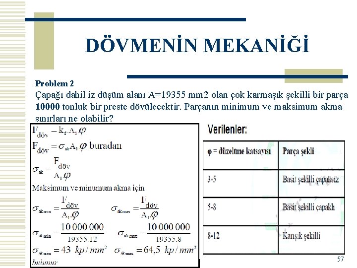 DÖVMENİN MEKANİĞİ Problem 2 Çapağı dahil iz düşüm alanı A=19355 mm 2 olan çok