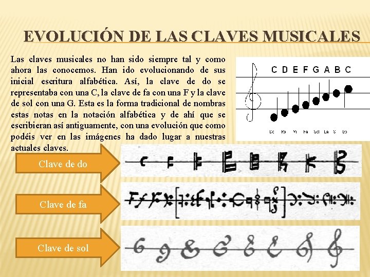 EVOLUCIÓN DE LAS CLAVES MUSICALES Las claves musicales no han sido siempre tal y