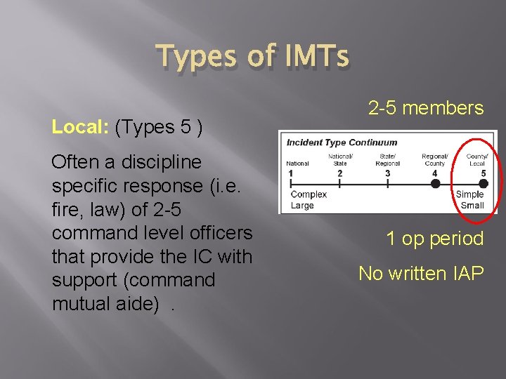 Types of IMTs Local: (Types 5 ) Often a discipline specific response (i. e.