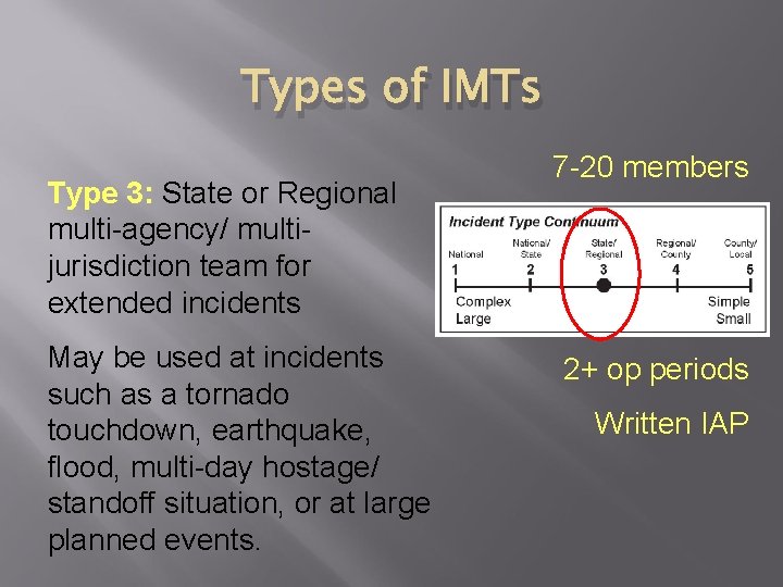 Types of IMTs Type 3: State or Regional multi-agency/ multijurisdiction team for extended incidents