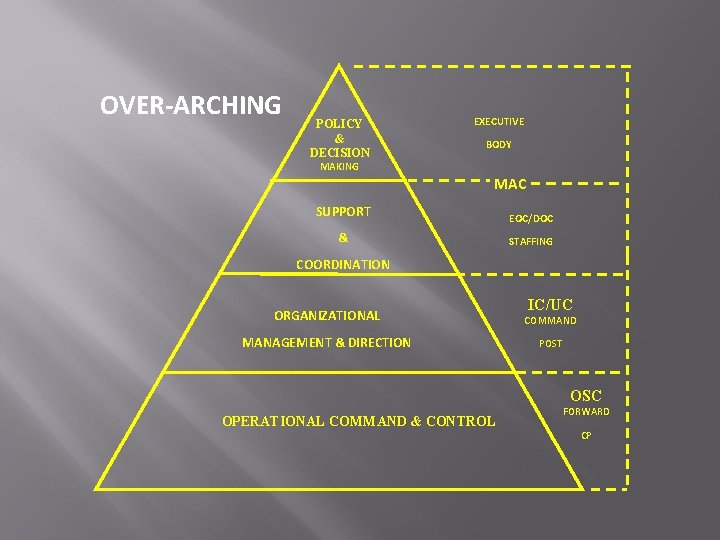OVER-ARCHING POLICY & DECISION EXECUTIVE BODY MAKING MAC SUPPORT EOC/DOC & STAFFING COORDINATION IC/UC