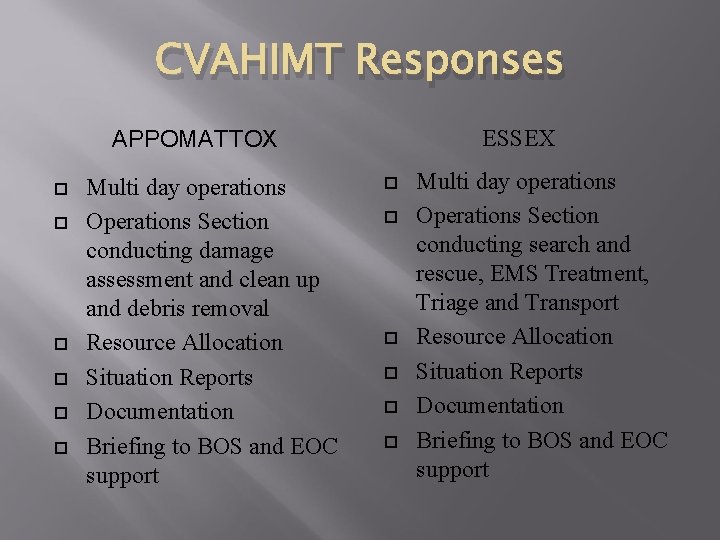 CVAHIMT Responses APPOMATTOX Multi day operations Operations Section conducting damage assessment and clean up