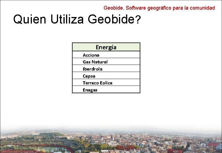 Geobide. Software geográfico para la comunidad Quien Utiliza Geobide? Energía Acciona Gas Natural Iberdrola