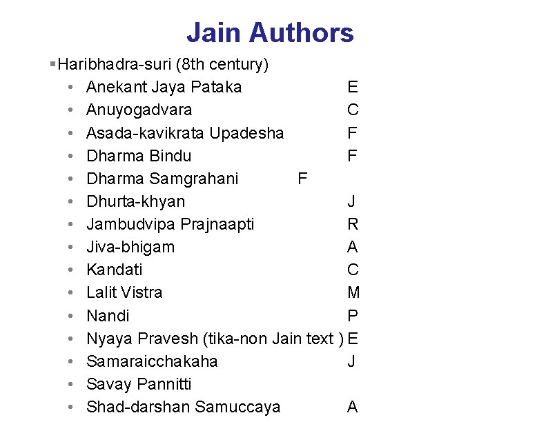 Jain Authors §Haribhadra-suri (8 th century) • Anekant Jaya Pataka E • Anuyogadvara C