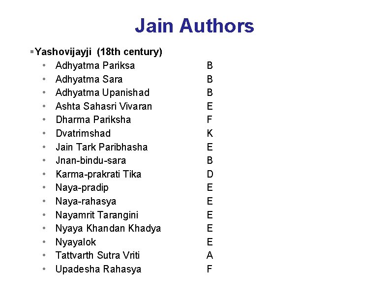 Jain Authors § Yashovijayji (18 th century) • Adhyatma Pariksa • Adhyatma Sara •