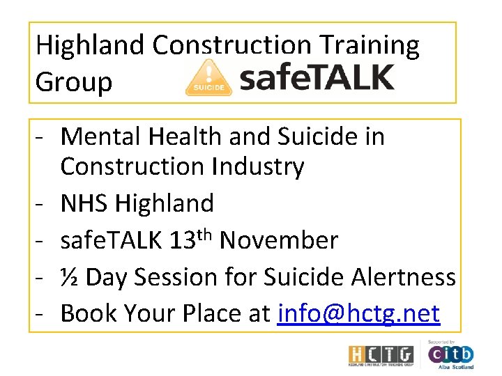 Highland Construction Training Group - Mental Health and Suicide in Construction Industry - NHS