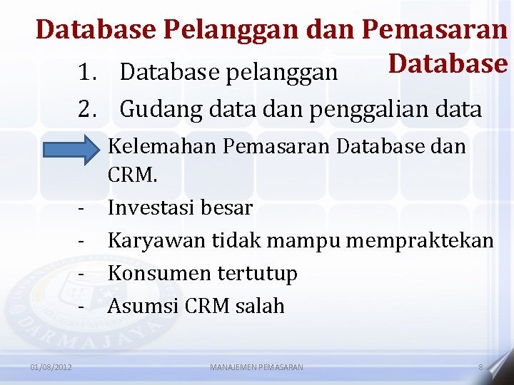 Database Pelanggan dan Pemasaran Database 1. Database pelanggan 2. Gudang data dan penggalian data