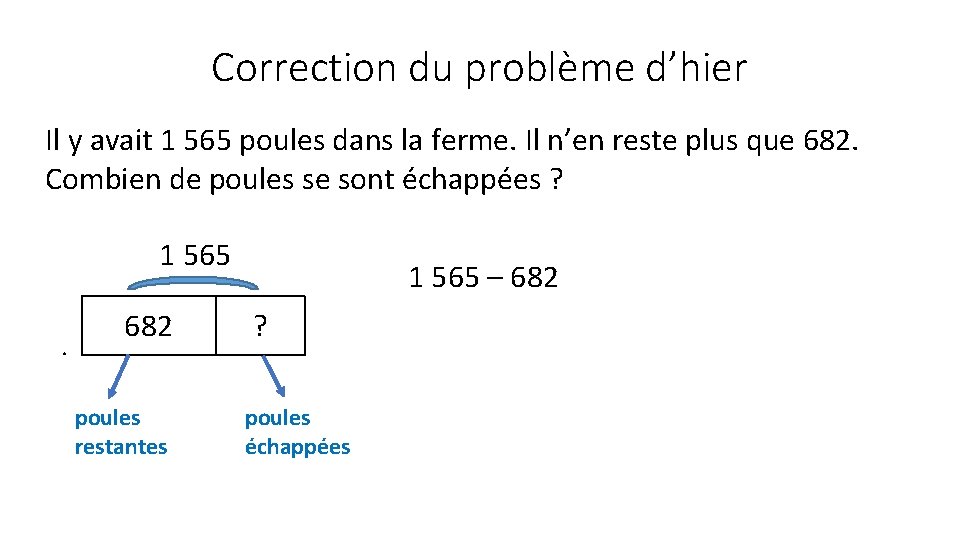 Correction du problème d’hier Il y avait 1 565 poules dans la ferme. Il