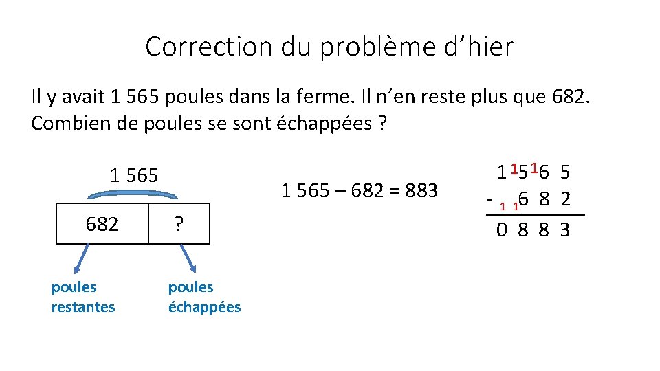 Correction du problème d’hier Il y avait 1 565 poules dans la ferme. Il