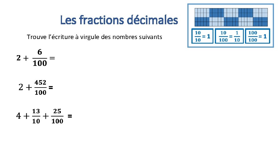 Les fractions décimales Trouve l’écriture à virgule des nombres suivants 