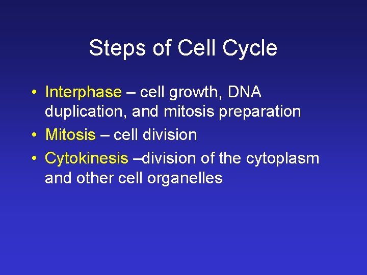 Steps of Cell Cycle • Interphase – cell growth, DNA duplication, and mitosis preparation Steps of Cell Cycle • Interphase – cell growth, DNA duplication, and mitosis preparation