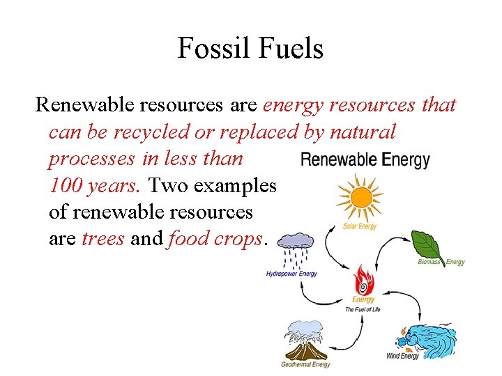 Fossil Fuels Renewable resources are energy resources that can be recycled or replaced by