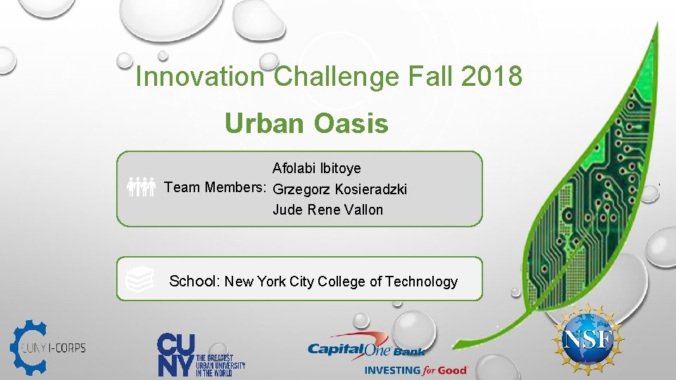 Innovation Challenge Fall 2018 Urban Oasis Afolabi Ibitoye Team Members: Grzegorz Kosieradzki Jude Rene