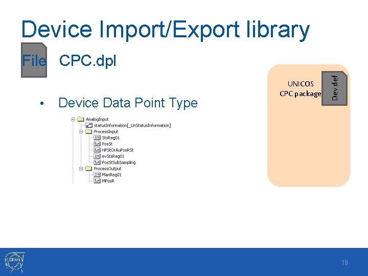 Device Import/Export library • Device Data Point Type UNICOS CPC package Dev def File