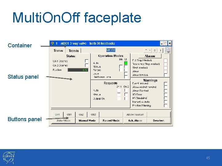 Multi. On. Off faceplate Container Status panel Buttons panel 45 