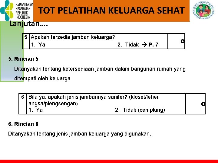 TOT PELATIHAN KELUARGA SEHAT Lanjutan…. 5 Apakah tersedia jamban keluarga? 1. Ya 2. Tidak