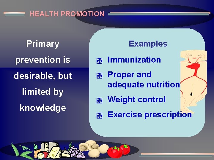 HEALTH PROMOTION Primary Examples prevention is Ì Immunization desirable, but Ì Proper and adequate