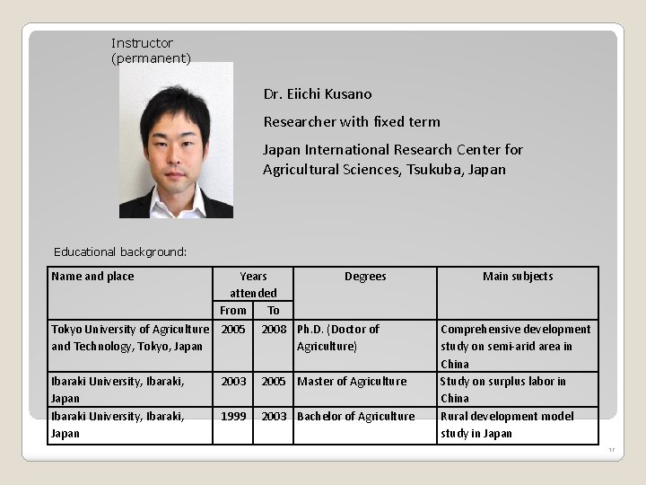 Instructor (permanent) Dr. Eiichi Kusano Researcher with fixed term Japan International Research Center for Instructor (permanent) Dr. Eiichi Kusano Researcher with fixed term Japan International Research Center for