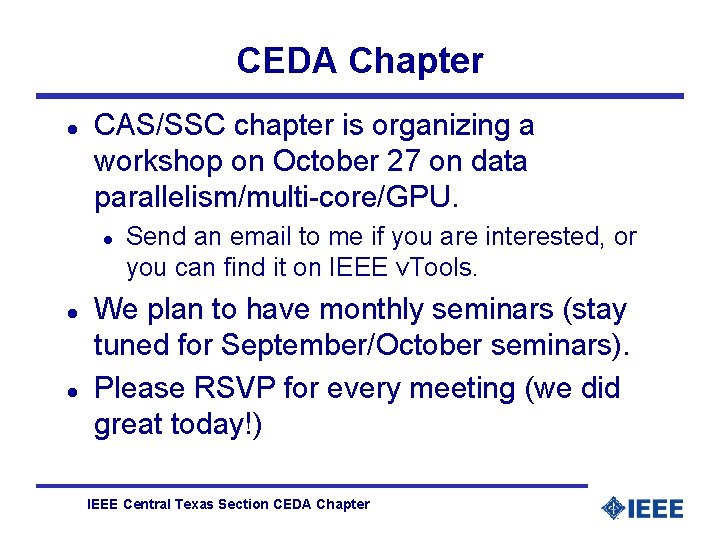 CEDA Chapter l CAS/SSC chapter is organizing a workshop on October 27 on data