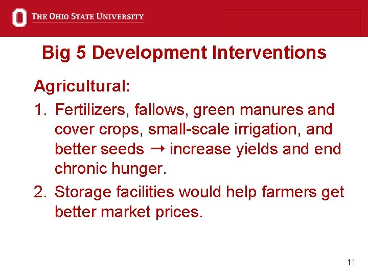 Big 5 Development Interventions Agricultural: 1. Fertilizers, fallows, green manures and cover crops, small-scale