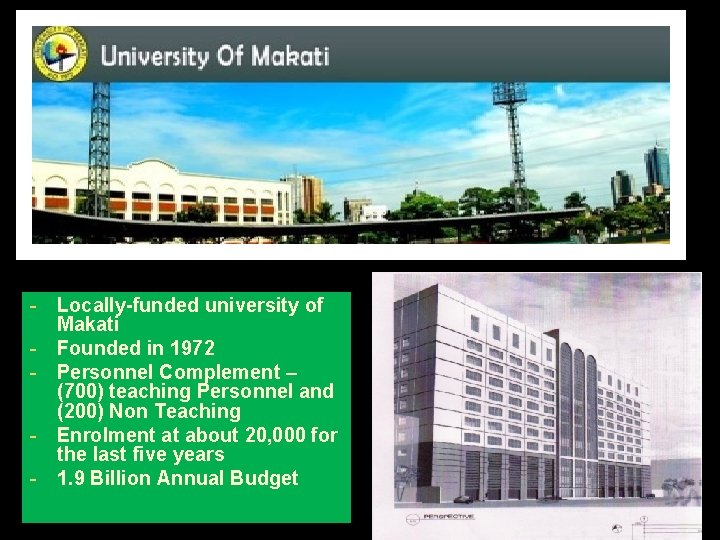 - Locally-funded university of Makati - Founded in 1972 - Personnel Complement – (700) - Locally-funded university of Makati - Founded in 1972 - Personnel Complement – (700)