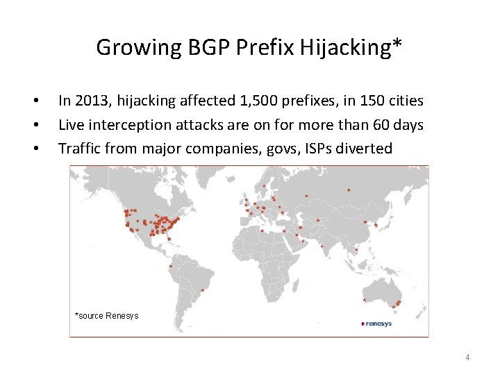 Growing BGP Prefix Hijacking* • • • In 2013, hijacking affected 1, 500 prefixes,