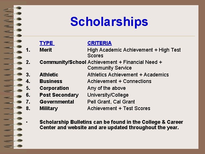 Scholarships 1. 2. 3. 4. 5. 6. 7. 8. • TYPE Merit CRITERIA High