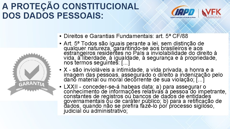 A PROTEÇÃO CONSTITUCIONAL DOS DADOS PESSOAIS: • Direitos e Garantias Fundamentais: art. 5º CF/88