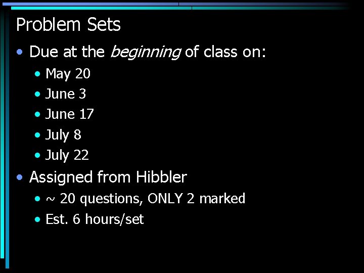 Problem Sets • Due at the beginning of class on: • • • May