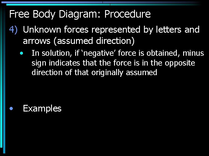 Free Body Diagram: Procedure 4) Unknown forces represented by letters and arrows (assumed direction)