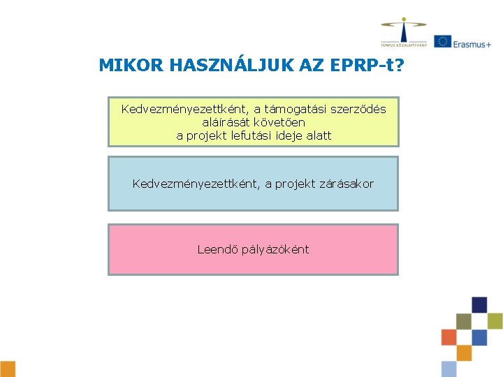 MIKOR HASZNÁLJUK AZ EPRP-t? Kedvezményezettként, a támogatási szerződés aláírását követően a projekt lefutási ideje MIKOR HASZNÁLJUK AZ EPRP-t? Kedvezményezettként, a támogatási szerződés aláírását követően a projekt lefutási ideje