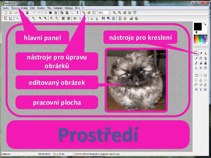 hlavní panel nástroje pro kreslení nástroje pro úpravu obrázků editovaný obrázek pracovní plocha Prostředí