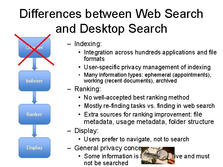 Differences between Web Search and Desktop Search Crawler Indexer – Indexing: • Integration across