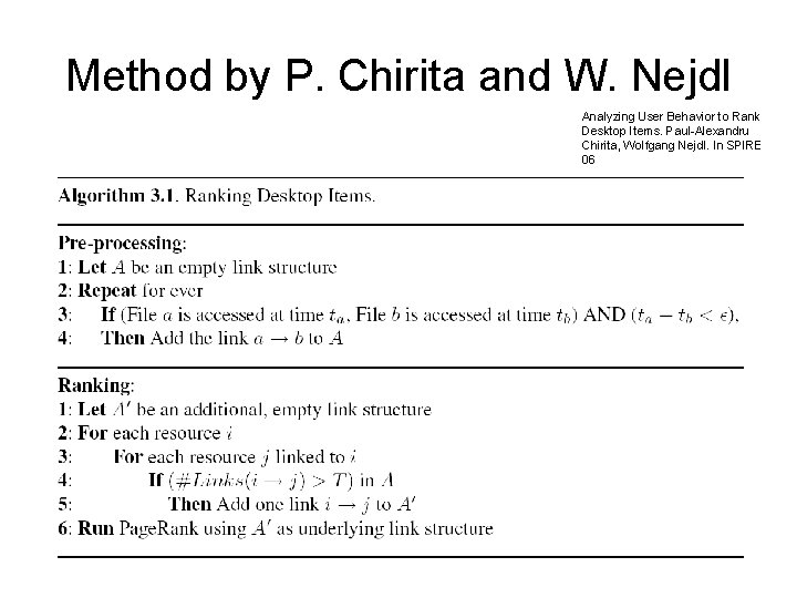 Method by P. Chirita and W. Nejdl Analyzing User Behavior to Rank Desktop Items.