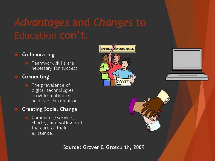 Advantages and Changes to Education con’t. Collaborating Connecting Teamwork skills are necessary for success.