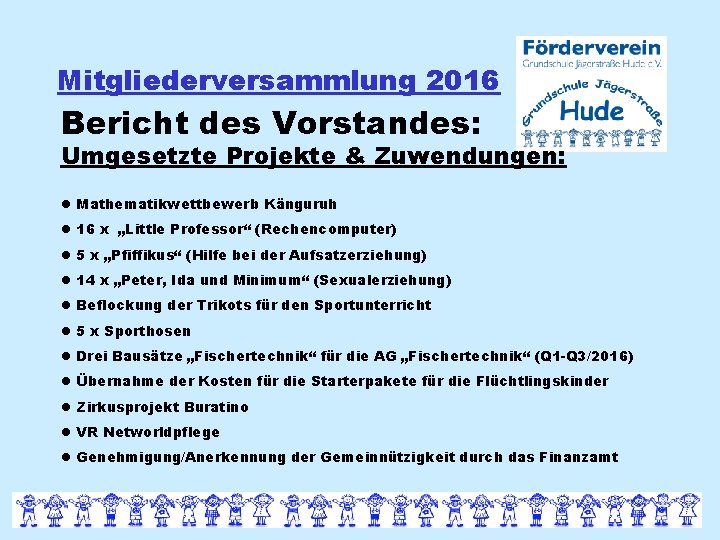 Mitgliederversammlung 2016 Bericht des Vorstandes: Umgesetzte Projekte & Zuwendungen: Mathematikwettbewerb Känguruh 16 x „Little