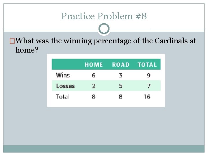 Practice Problem #8 �What was the winning percentage of the Cardinals at home? 