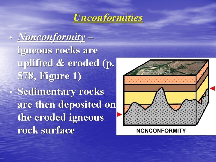 Unconformities • • Nonconformity – igneous rocks are uplifted & eroded (p. 578, Figure